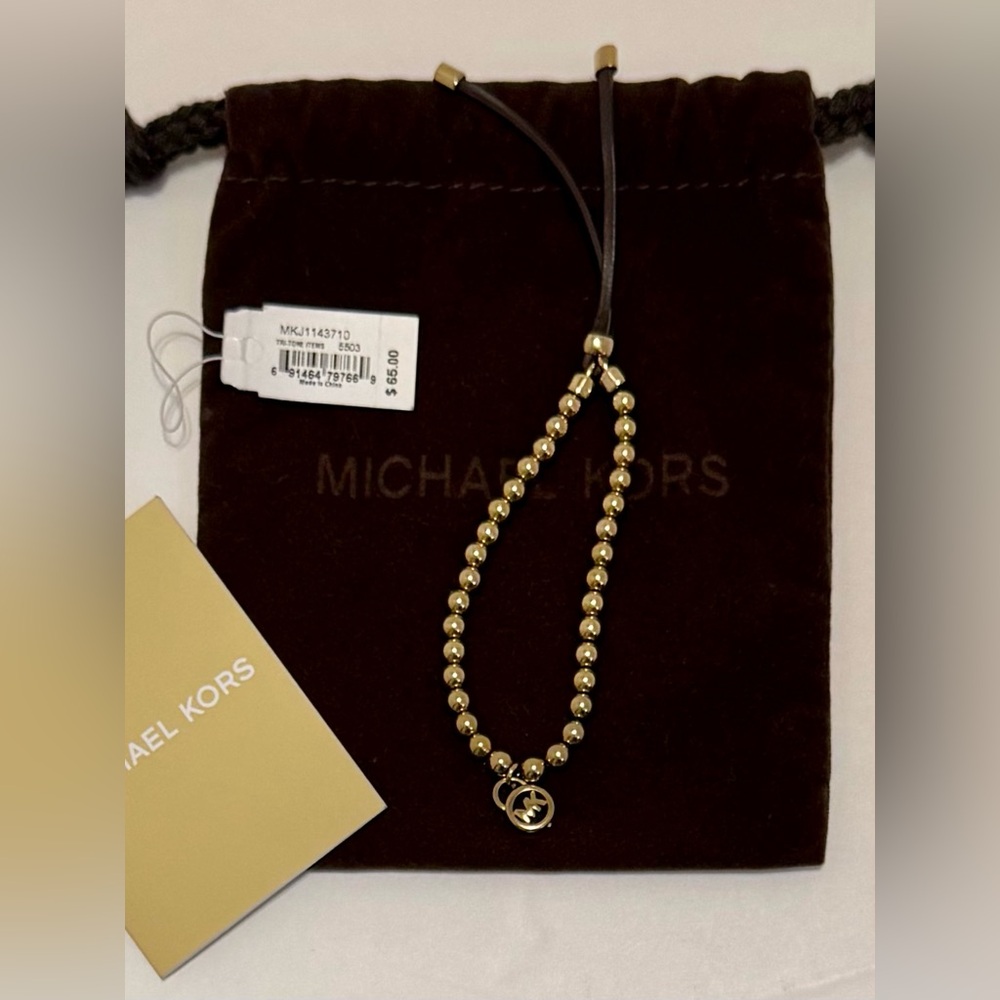 Michael Kors MKJ1143710 Gold Beaded Brown Leather Stretch Bracelet with Charm